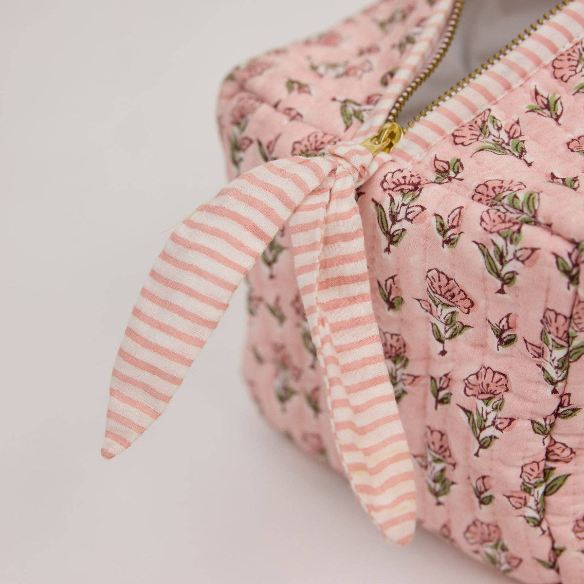 hand block print quilted toiletry bag large ditsy floral blush organic cotton India