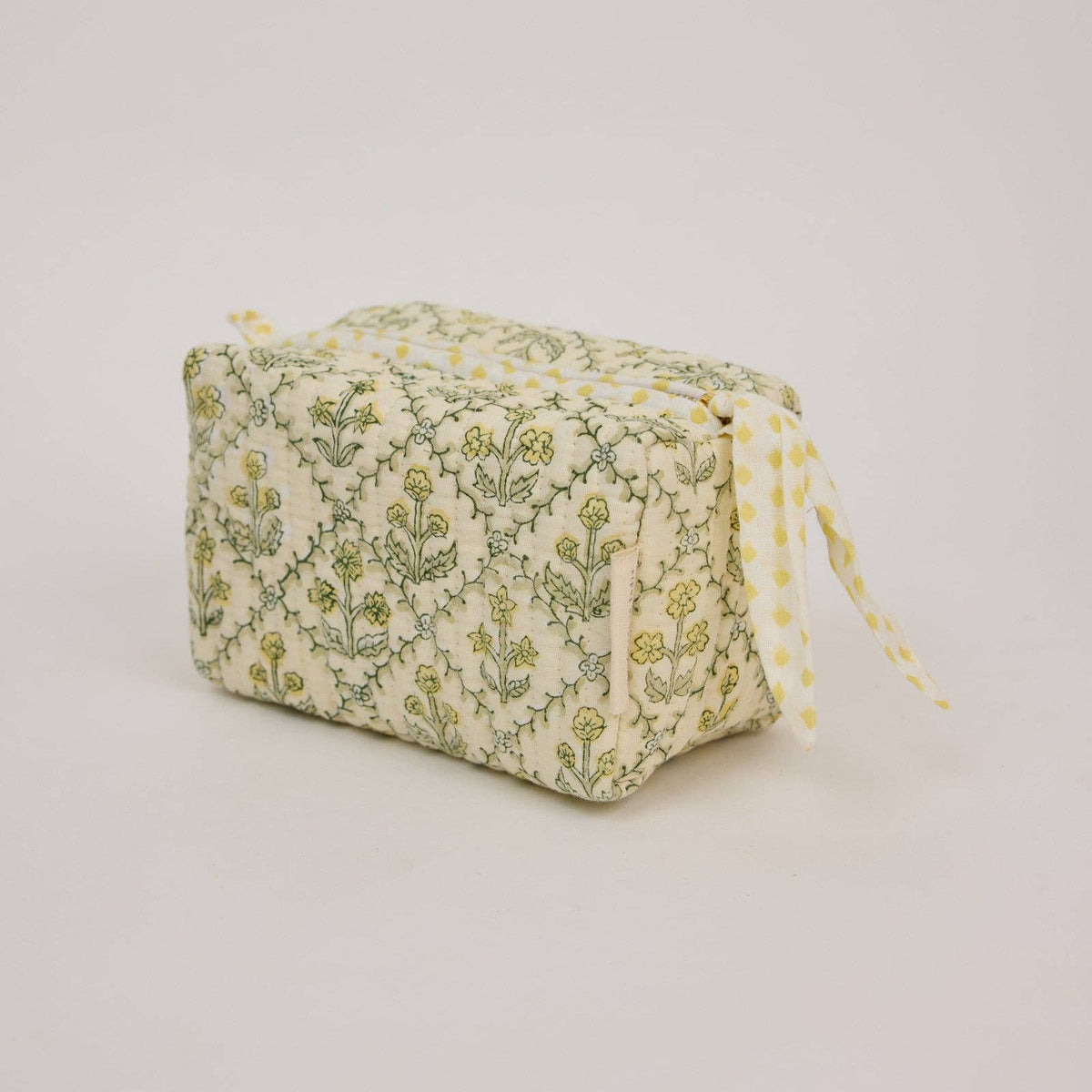 hand block print quilted toiletry bag small floral lattice buttercream organic cotton