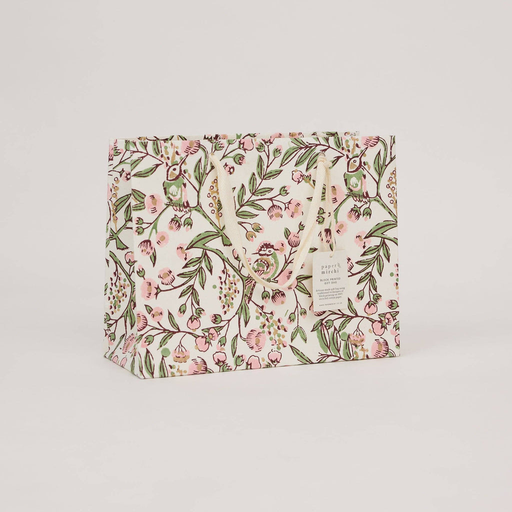 hand block print gift bags medium blush recycled cotton paper Paper Mirchi India
