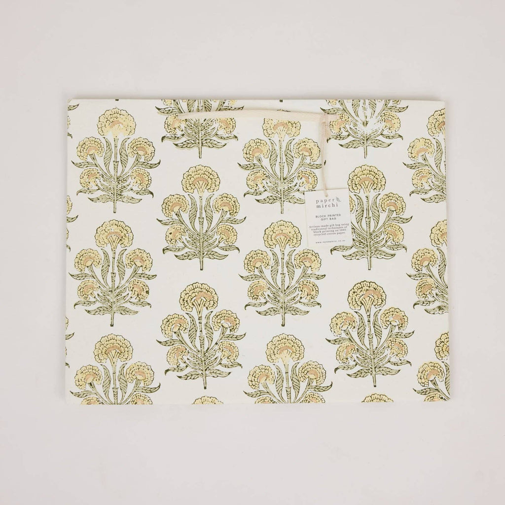 hand block print gift bags large buttercream recycled cotton paper Paper Mirchi India