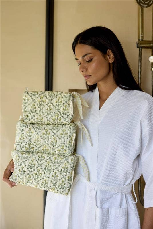 hand block print quilted toiletry bag large floral lattice buttercream organic cotton