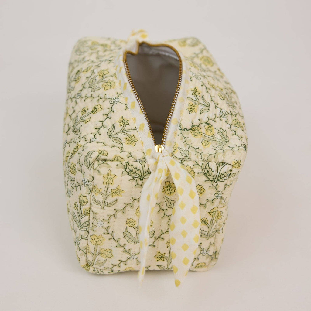 hand block print quilted toiletry bag medium floral lattice buttercream organic cotton