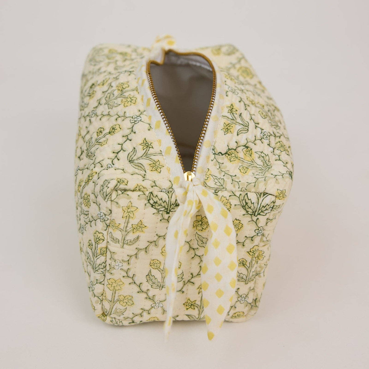 hand block print quilted toiletry bag medium floral lattice buttercream organic cotton