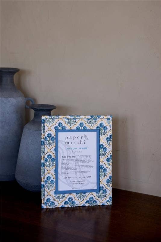 hand block print picture frame 5x7 trellis indigo recycled cotton paper India