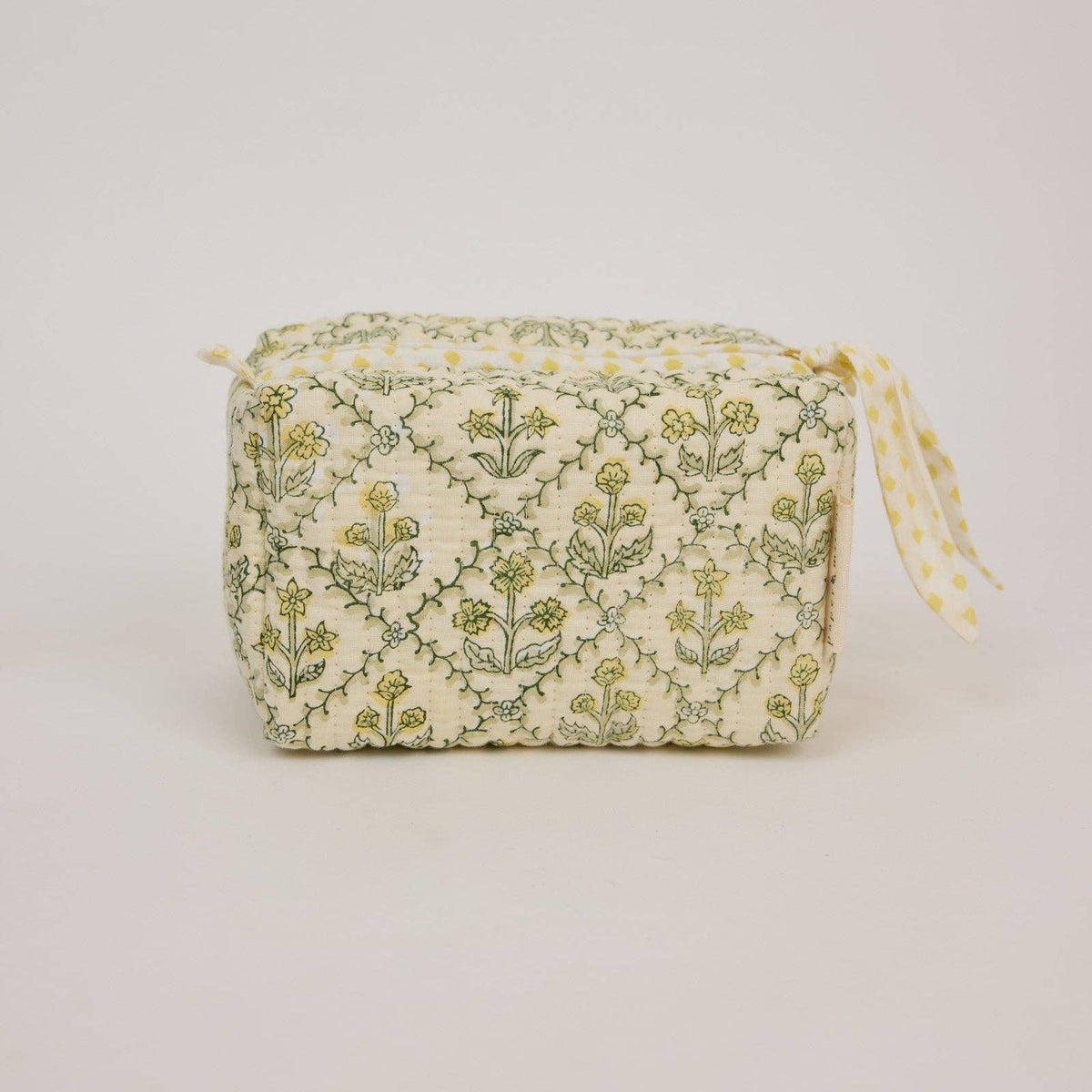hand block print quilted toiletry bag small floral lattice buttercream organic cotton