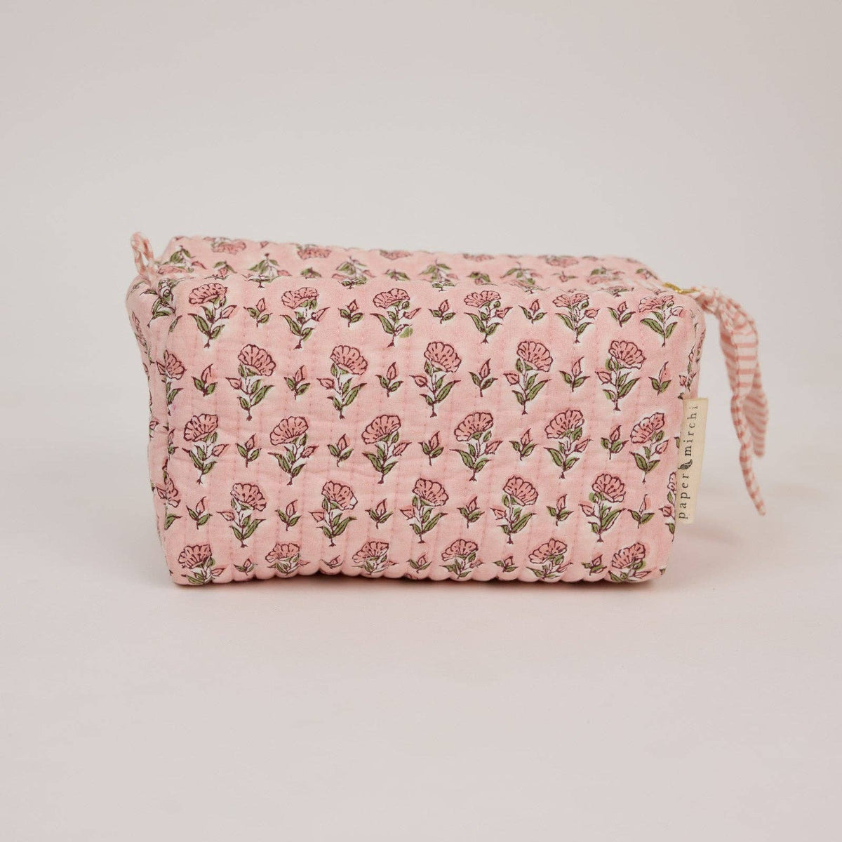 hand block print quilted toiletry bag medium ditsy floral blush organic cotton India