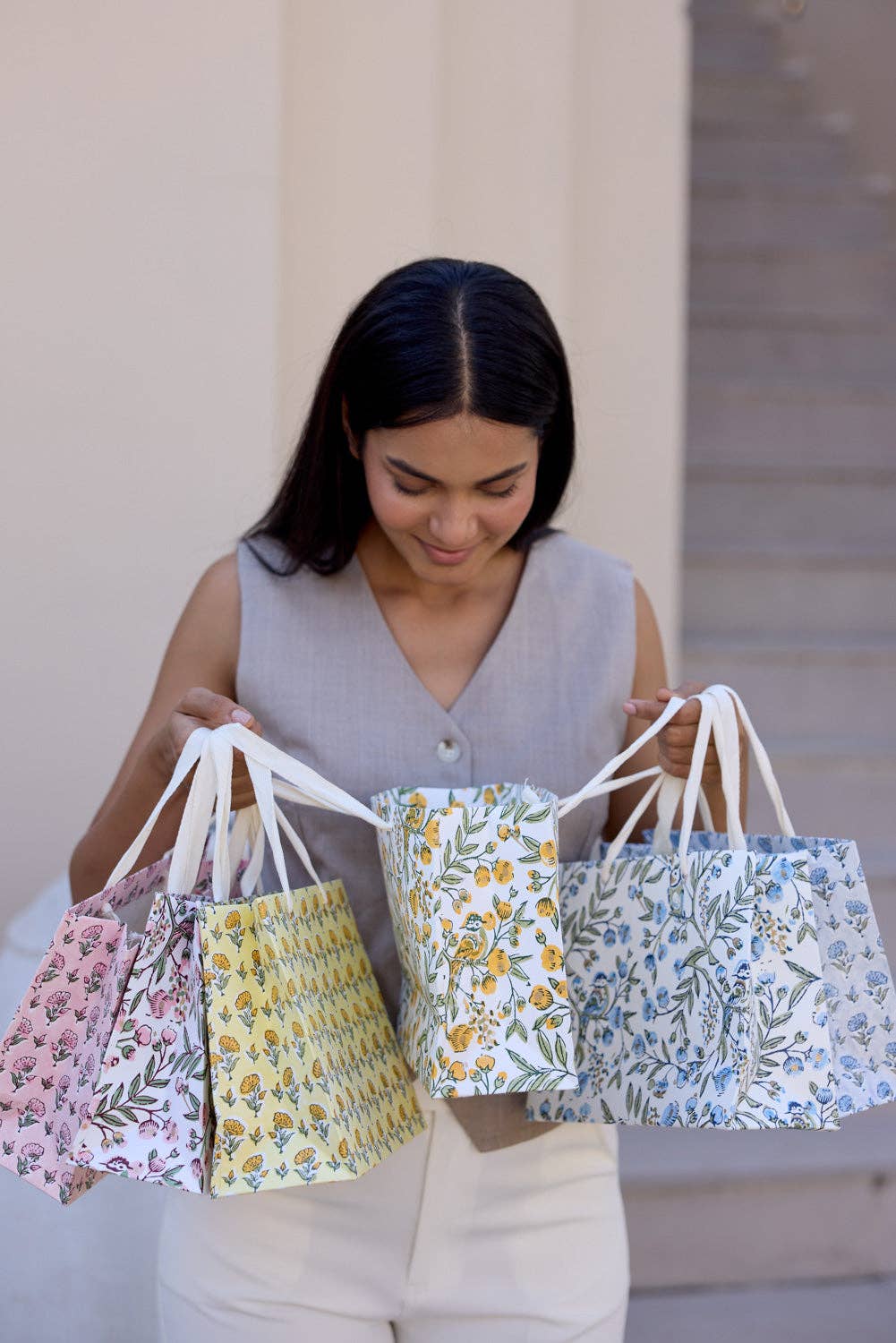 hand block print gift bags medium blush recycled cotton paper Paper Mirchi India