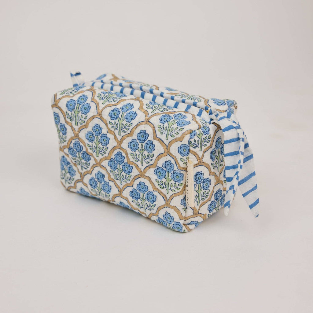 hand block print quilted toiletry bag small trellis indigo organic cotton India