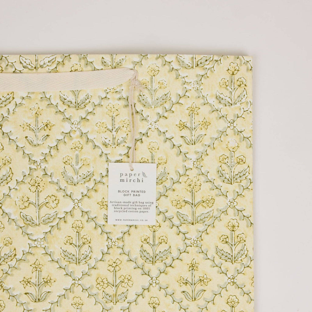 hand block print gift bags large buttercream recycled cotton paper Paper Mirchi India