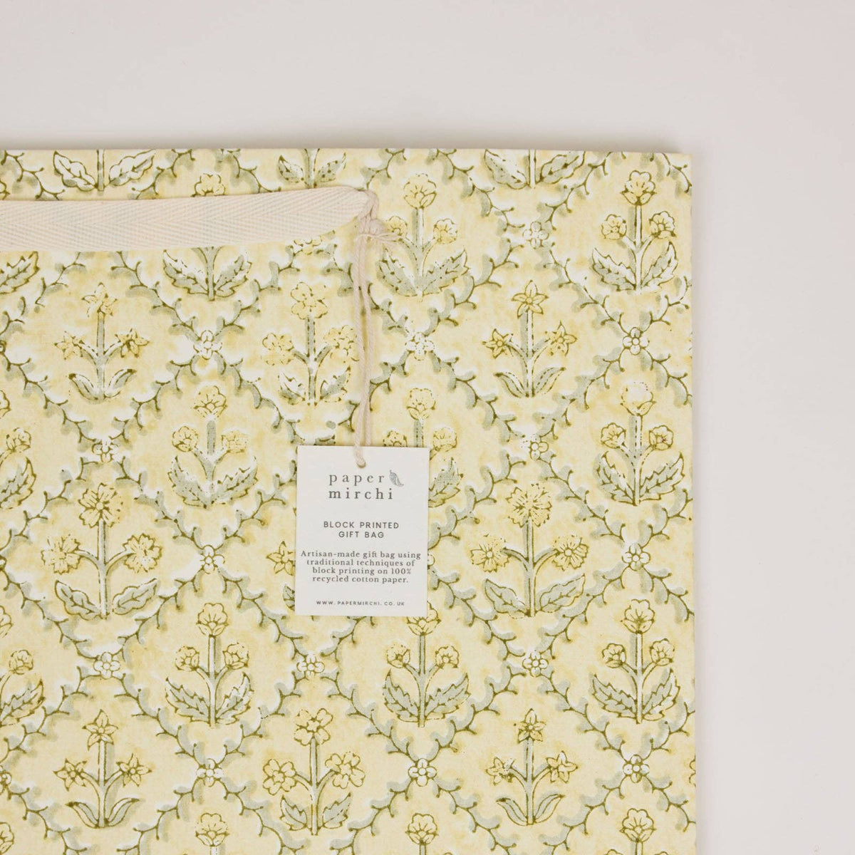 hand block print gift bags large buttercream recycled cotton paper Paper Mirchi India