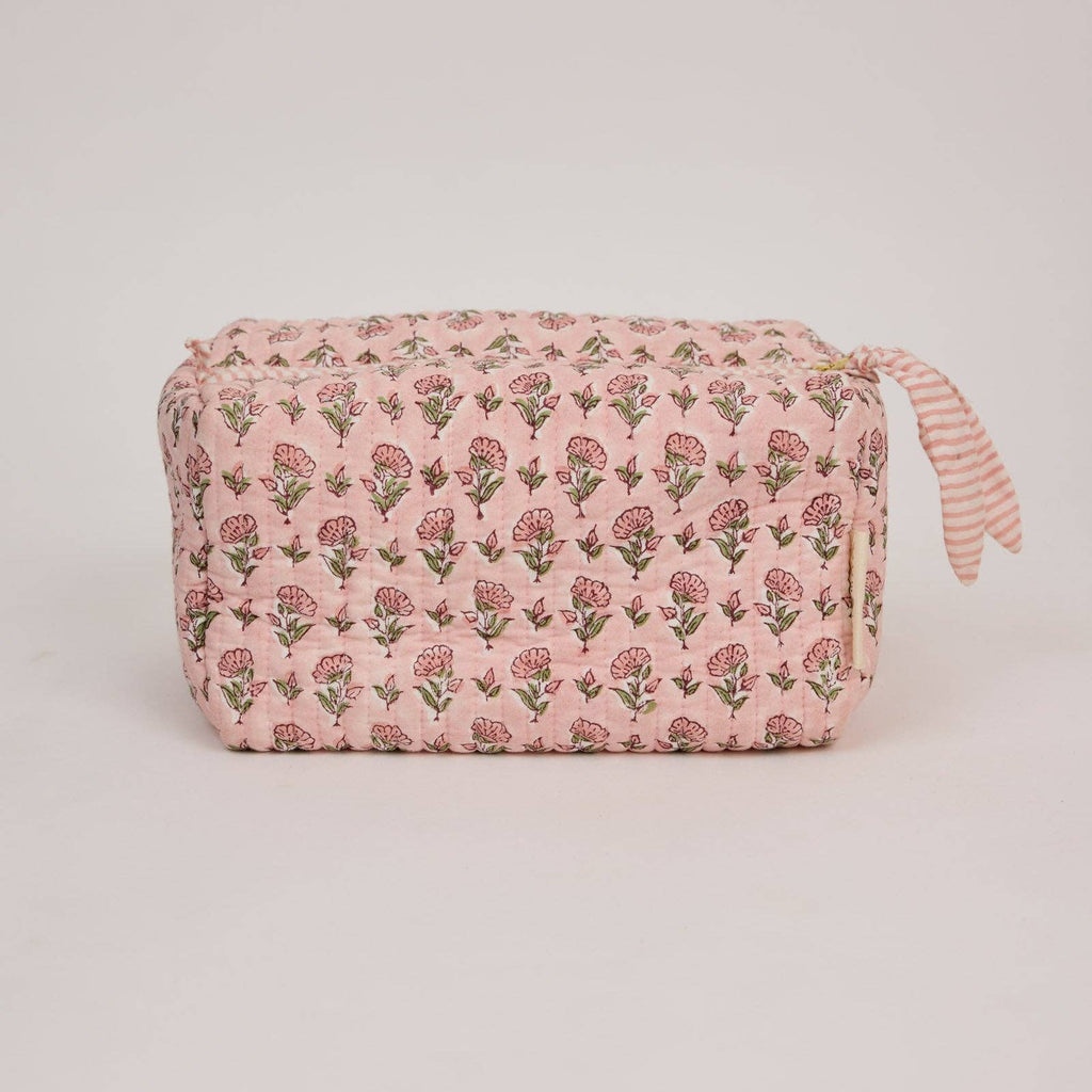 hand block print quilted toiletry bag large ditsy floral blush organic cotton India