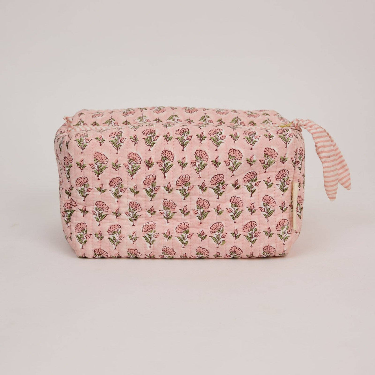 hand block print quilted toiletry bag large ditsy floral blush organic cotton India