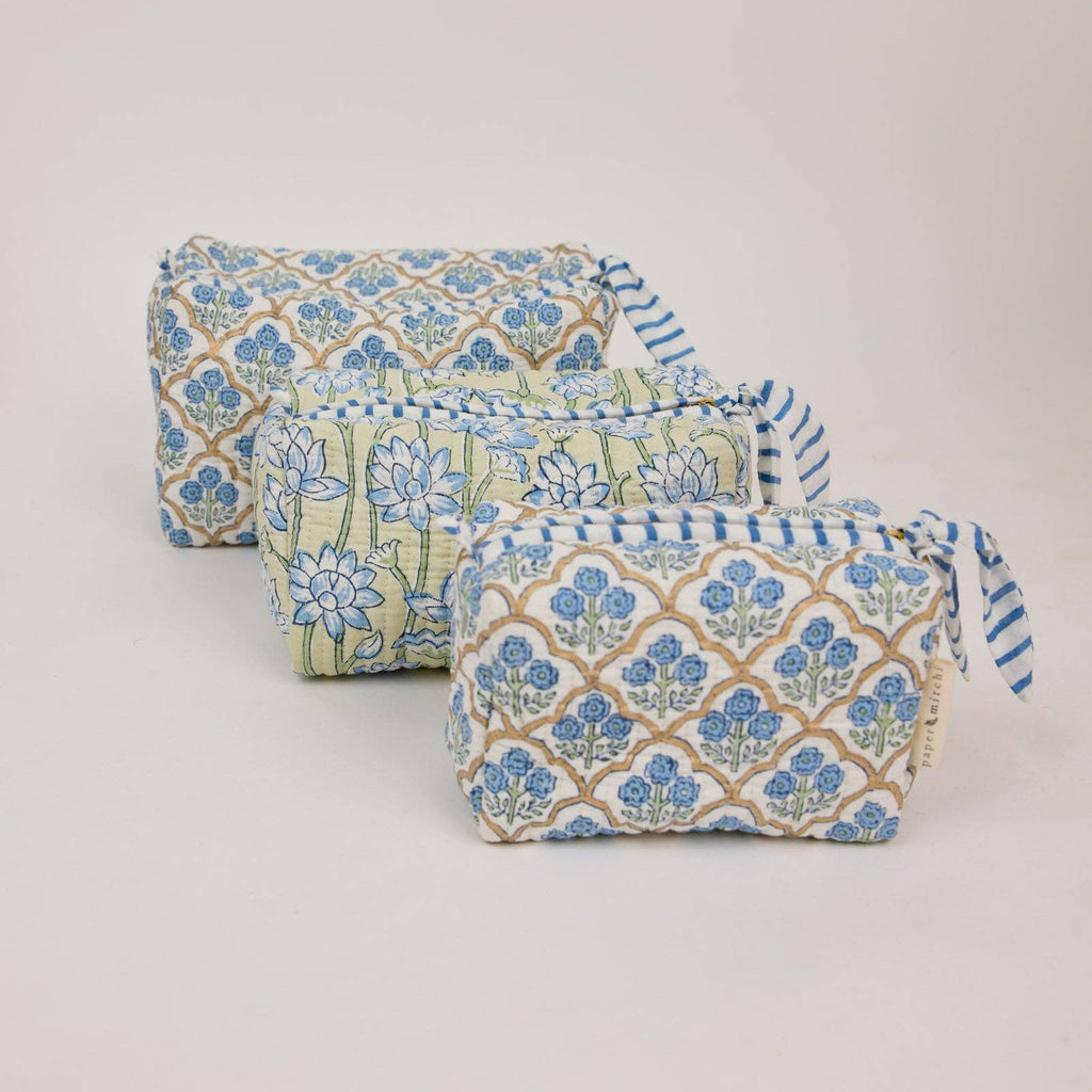 hand block print quilted toiletry bag small trellis indigo organic cotton India