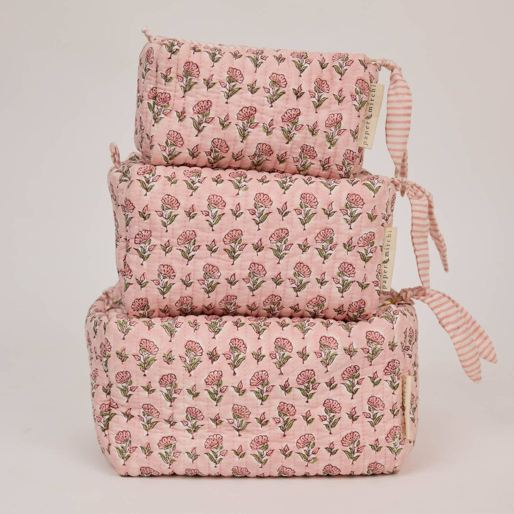 hand block print quilted toiletry bag large ditsy floral blush organic cotton India
