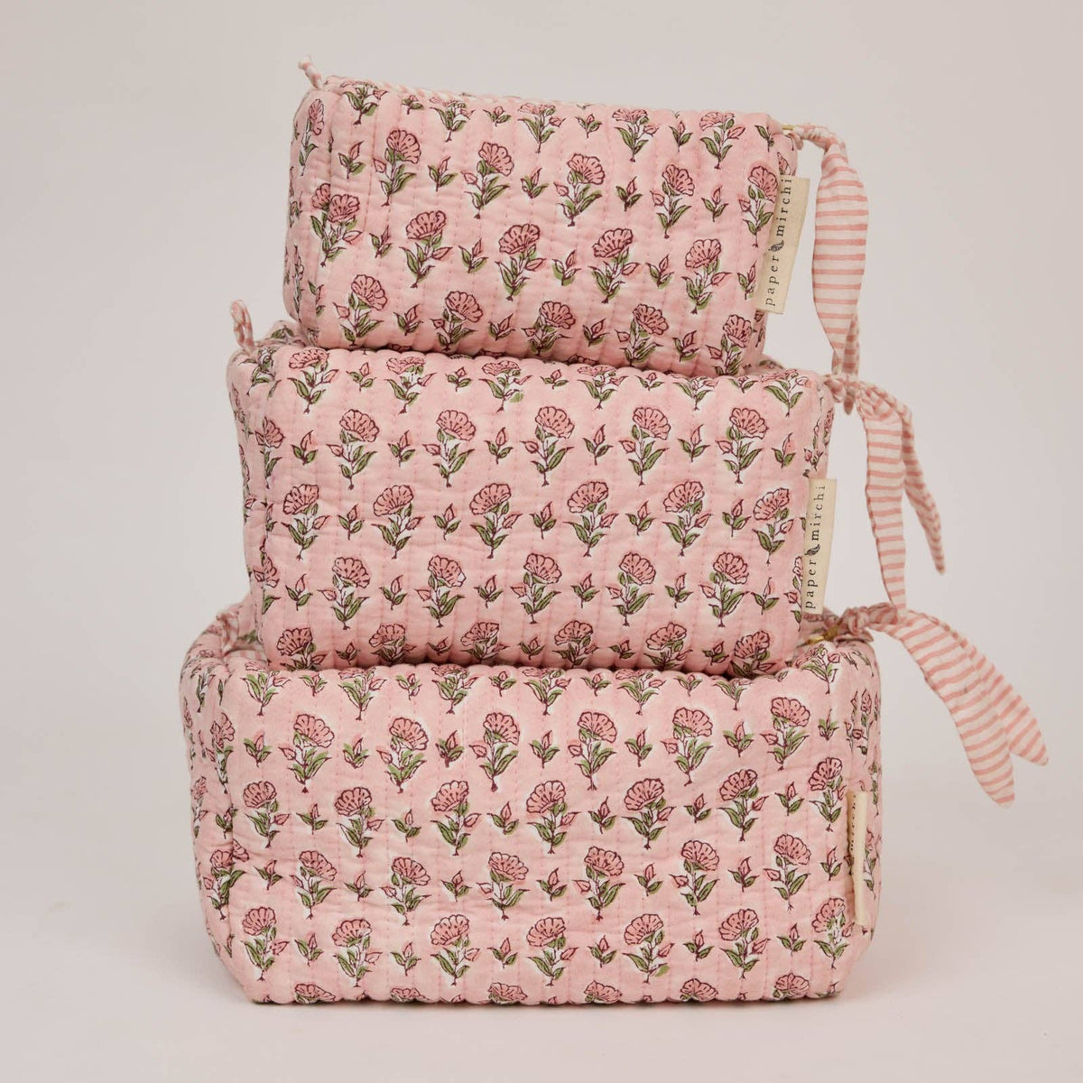 hand block print quilted toiletry bag large ditsy floral blush organic cotton India