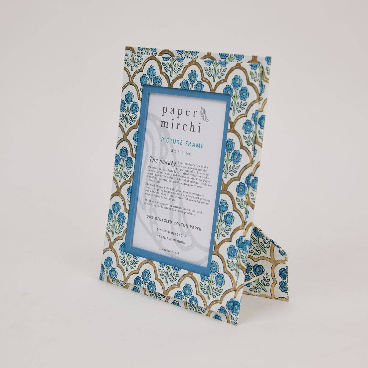 hand block print picture frame 5x7 trellis indigo recycled cotton paper India