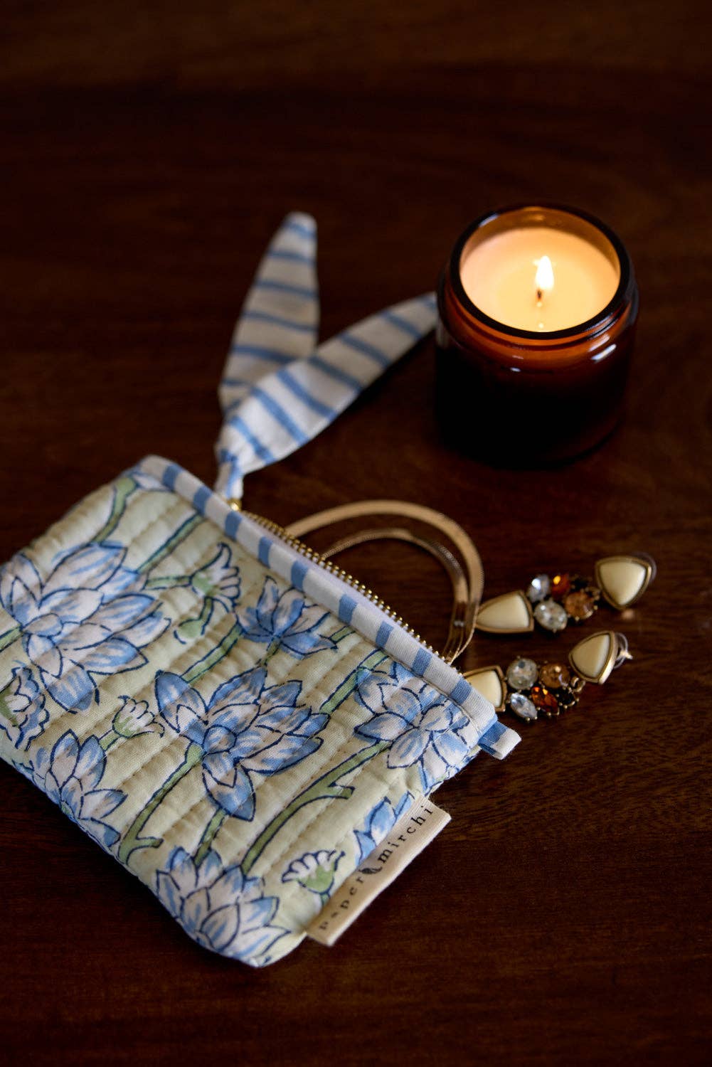 hand block print zipped pouch set organic cotton floral indigo India Paper Mirchi