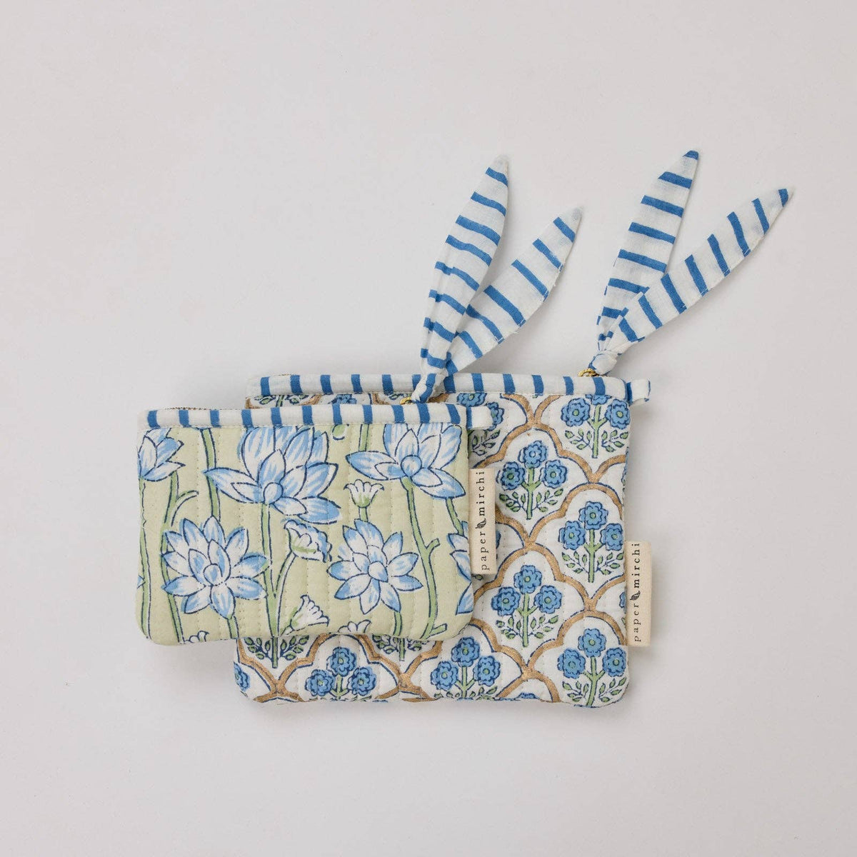hand block print zipped pouch set organic cotton floral indigo India Paper Mirchi