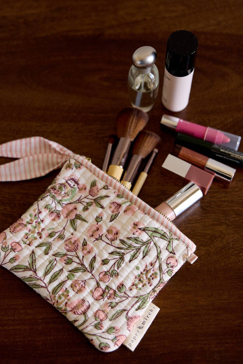 hand block print zipped pouch set organic cotton floral blush India Paper Mirchi