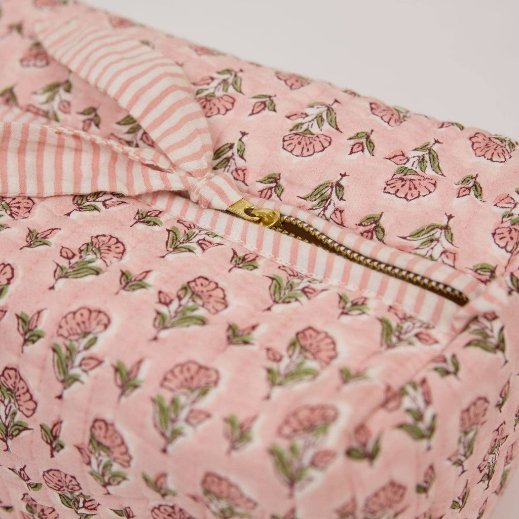 hand block print quilted toiletry bag large ditsy floral blush organic cotton India
