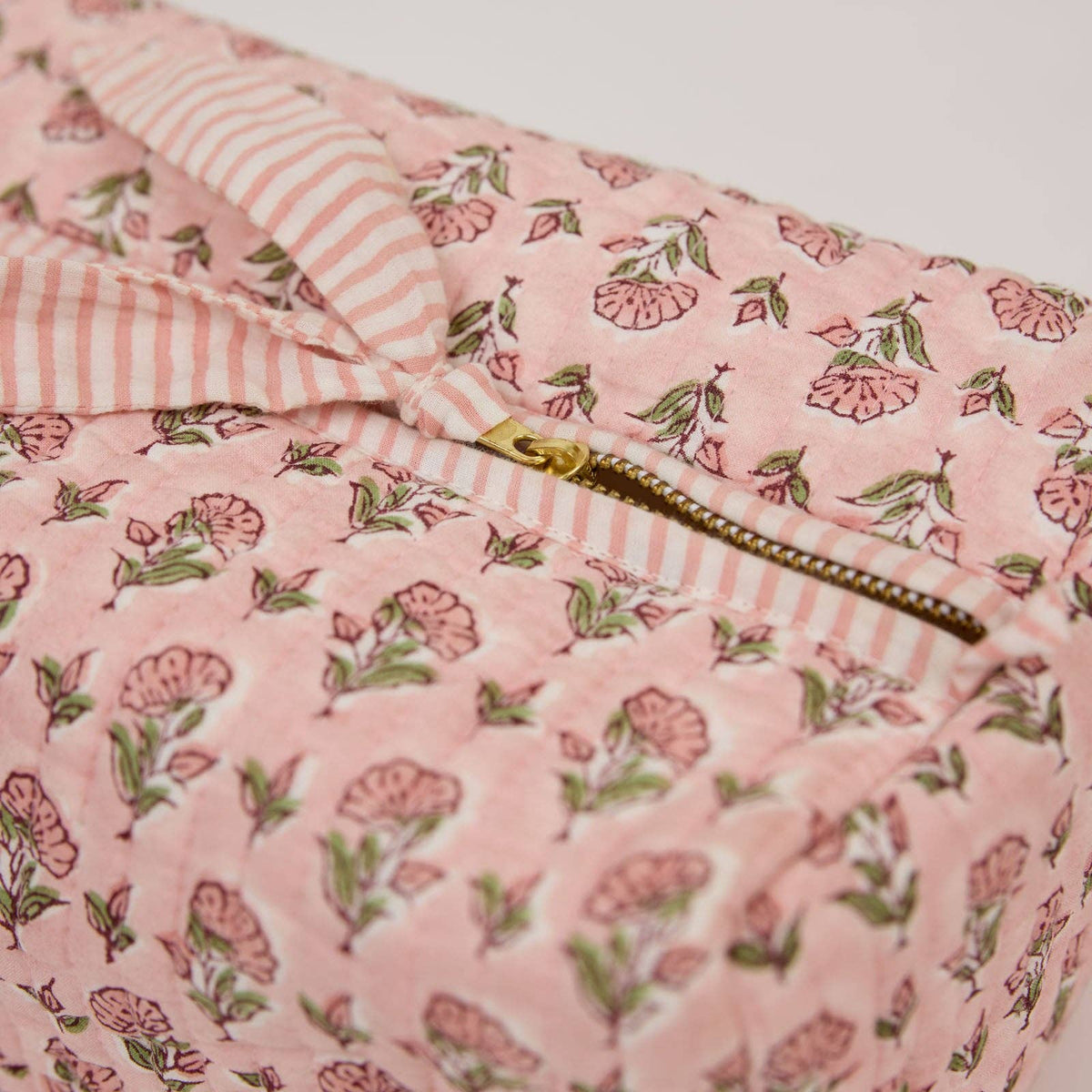 hand block print quilted toiletry bag large ditsy floral blush organic cotton India