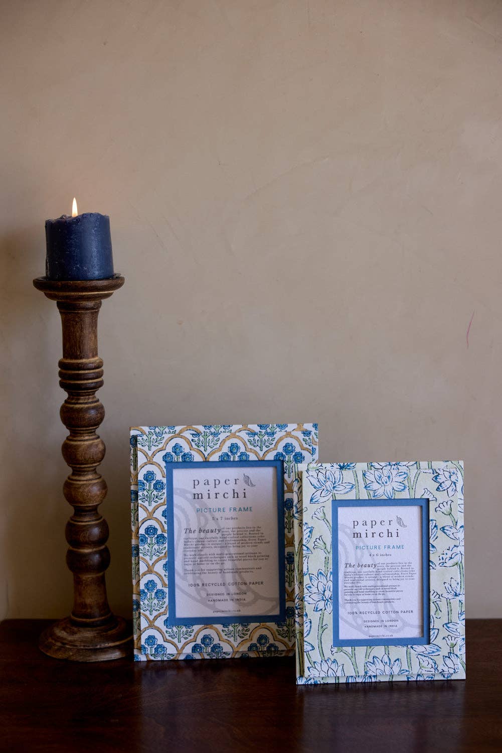 hand block print picture frame 5x7 trellis indigo recycled cotton paper India