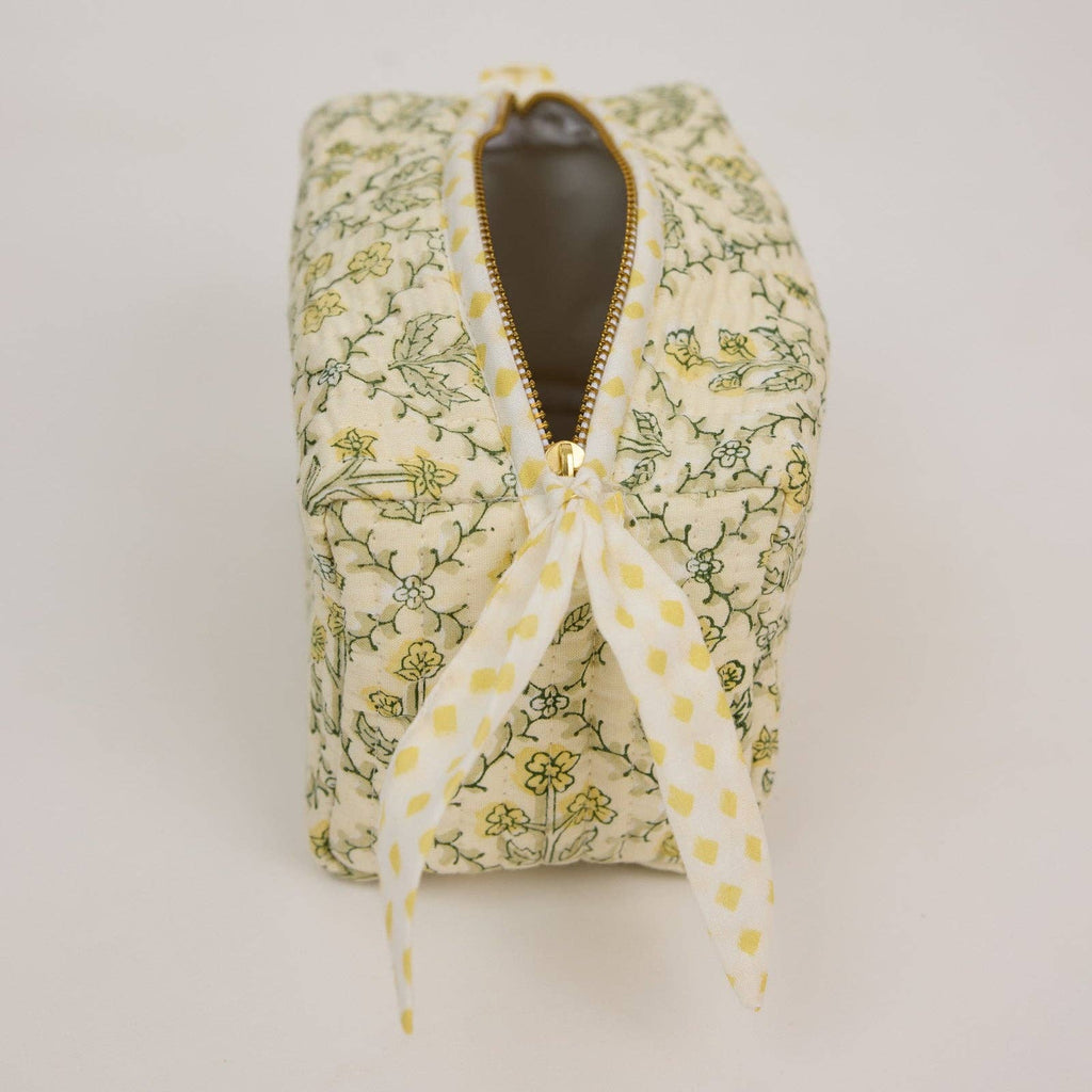 hand block print quilted toiletry bag small floral lattice buttercream organic cotton