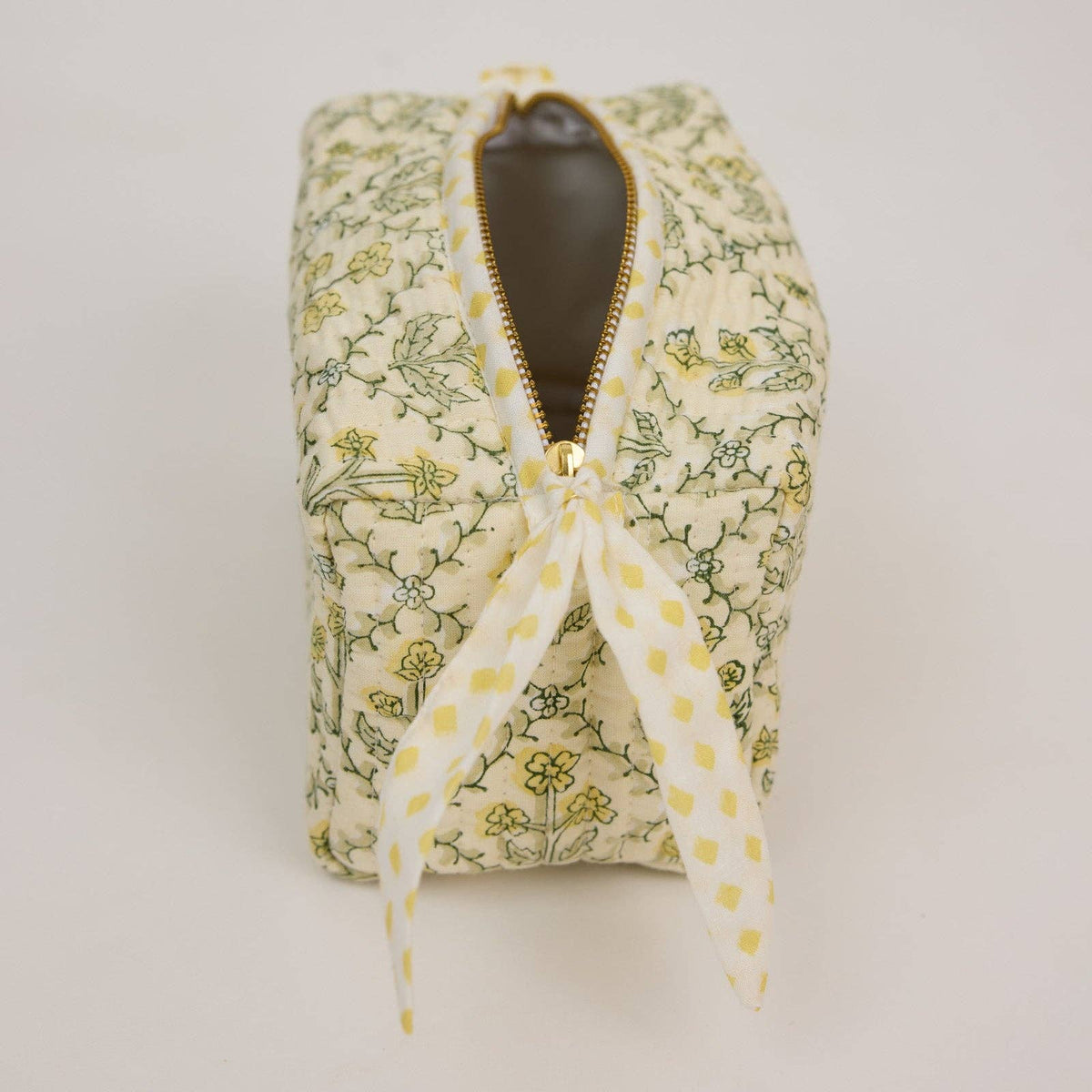 hand block print quilted toiletry bag small floral lattice buttercream organic cotton