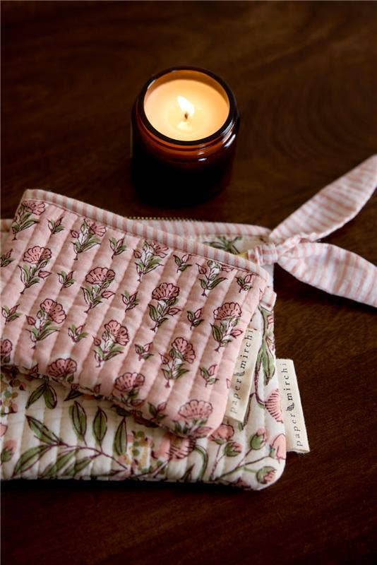 hand block print zipped pouch set organic cotton floral blush India Paper Mirchi